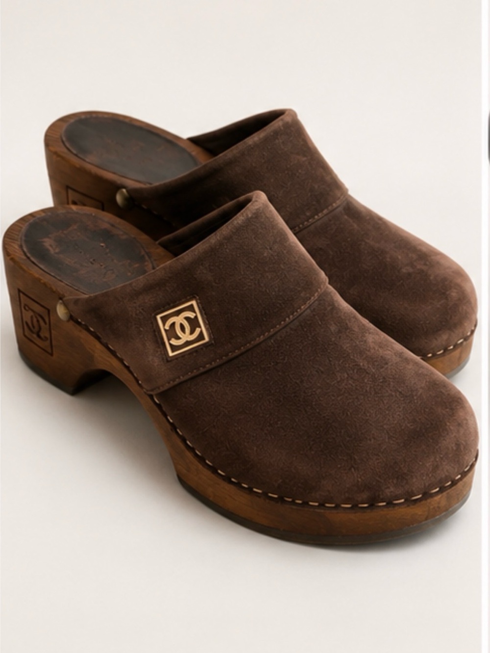 CHANEL Brown Suede Logo Clog Mules